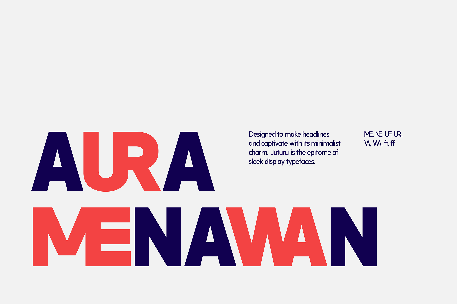 Aura Menawan display font in red on navy split letter treatment