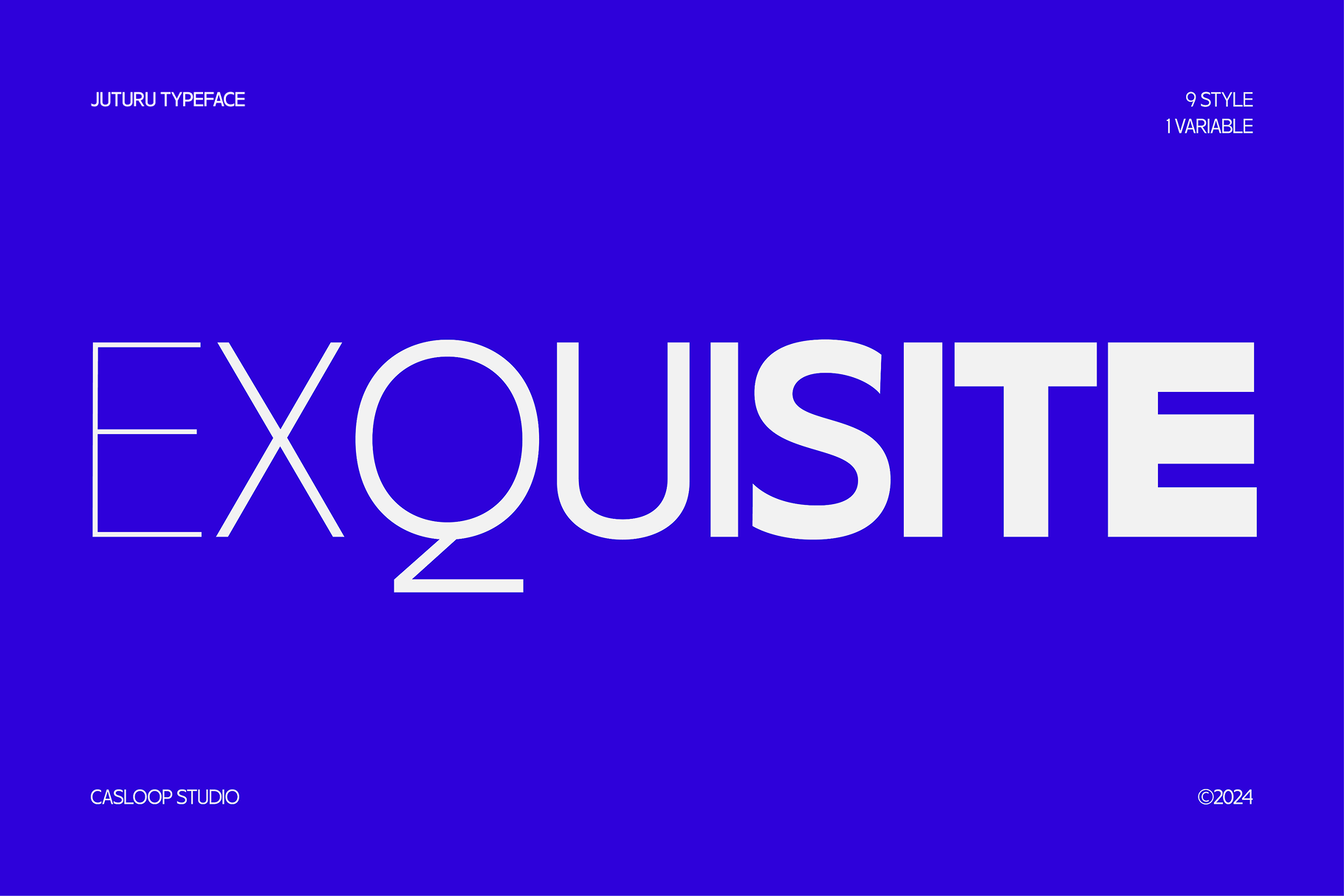 Bright blue background with Exquisite typeface in white outlined letters, 9 styles available