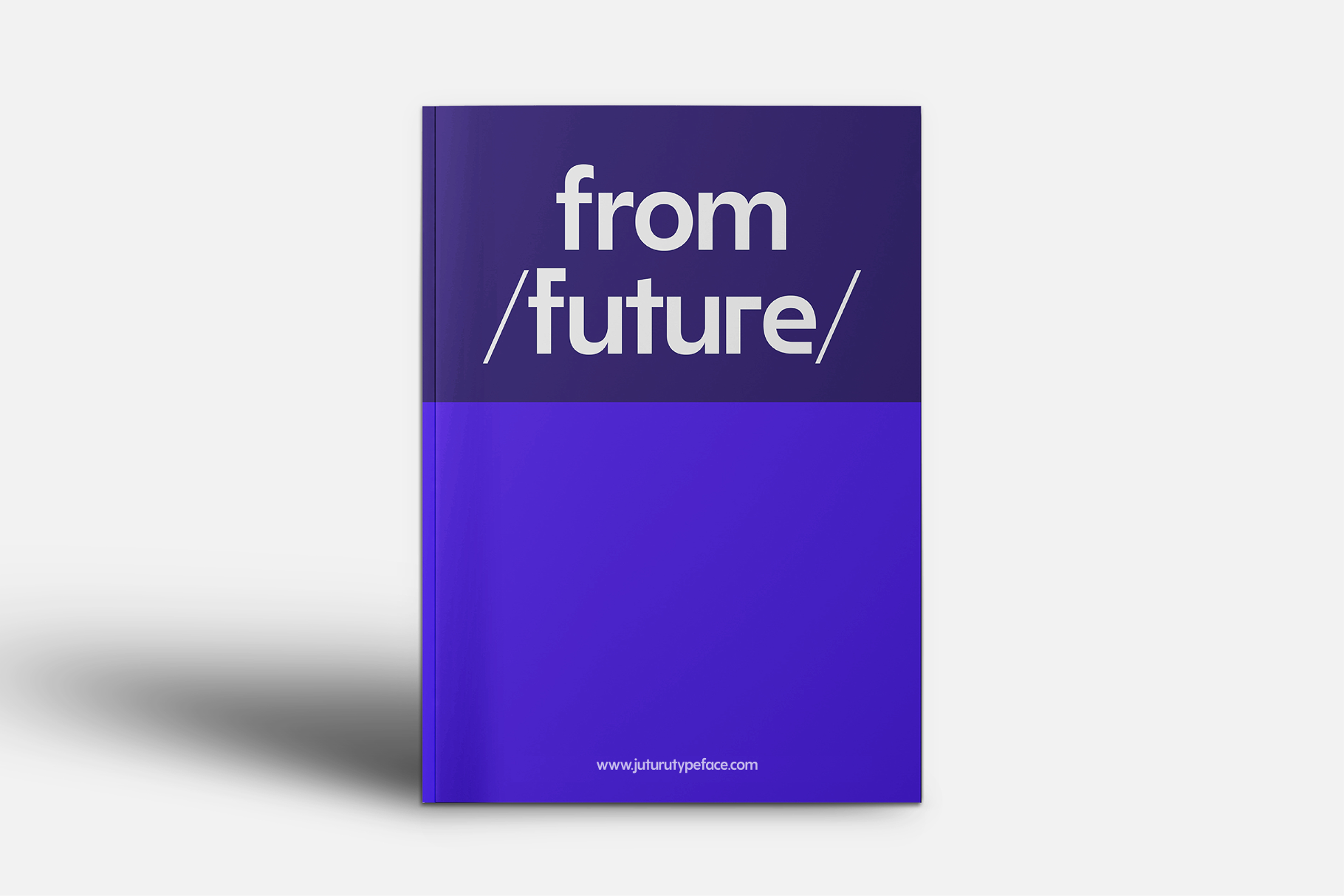 Purple book mockup with from future text in white on cover, modern minimal design