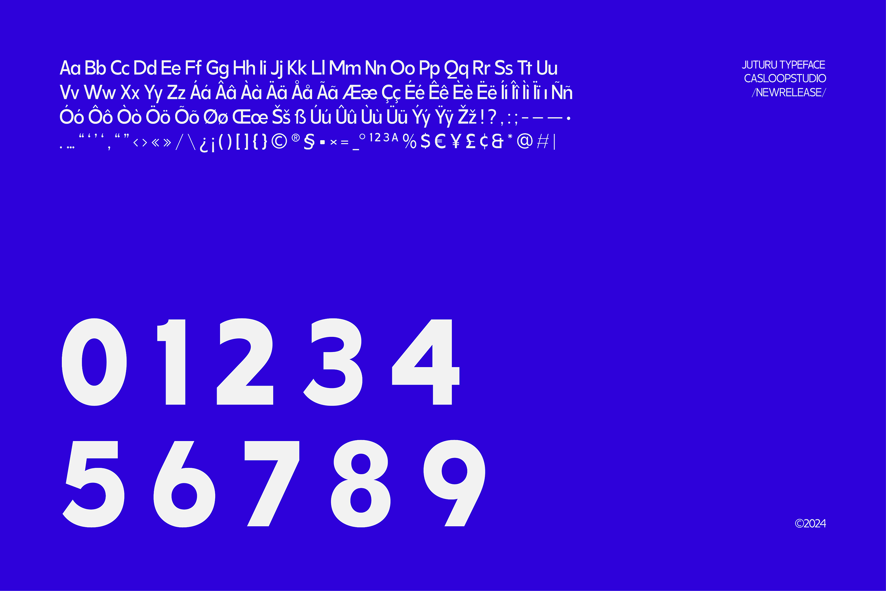 Juturu typeface character set showing full alphabet numbers symbols