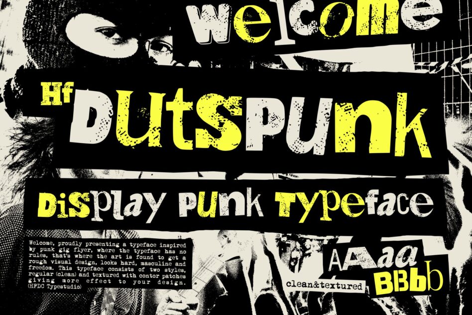 Welcome Dutspunk display punk typeface with clean textured style on black background