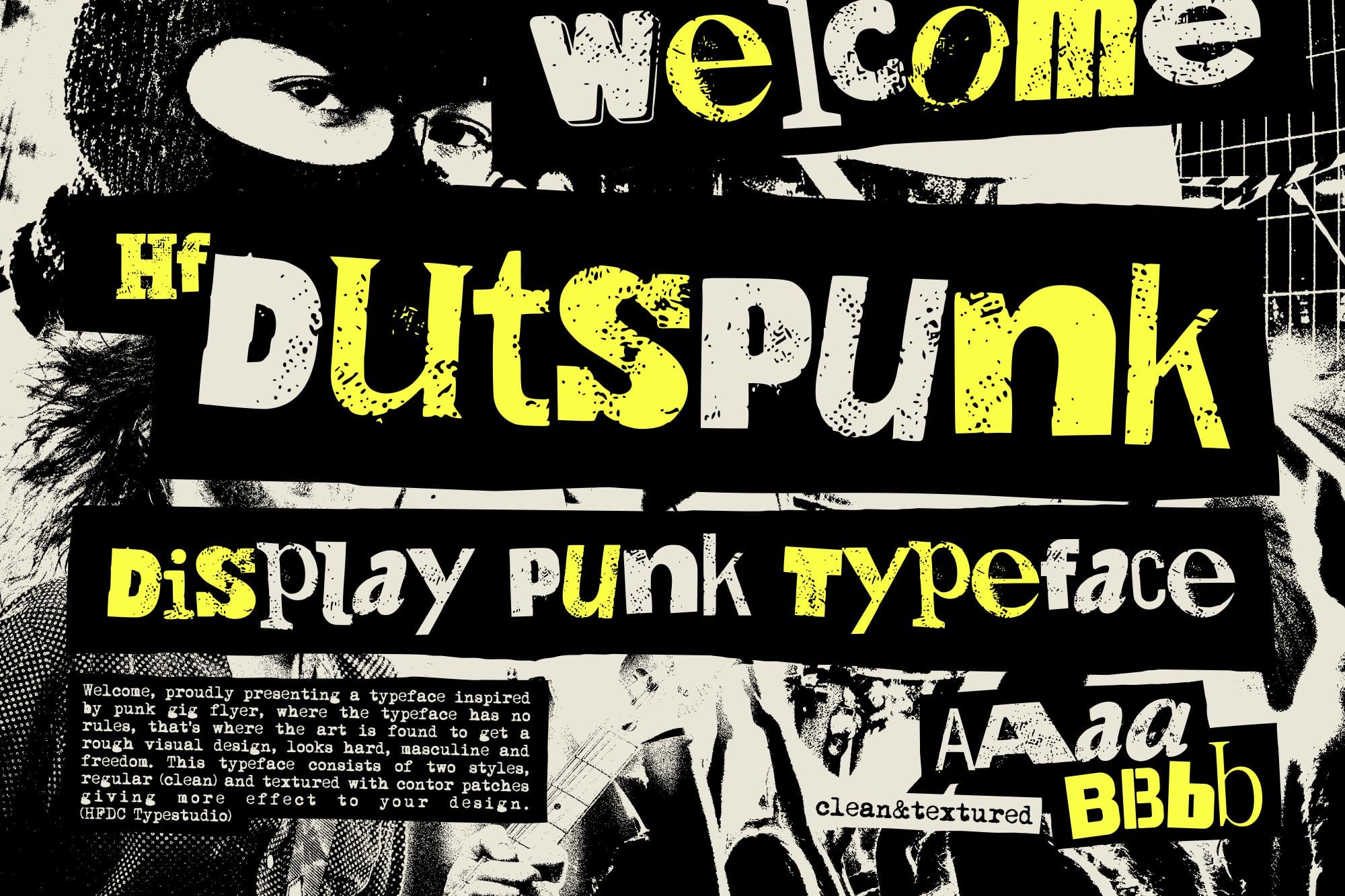 Welcome Dutspunk display punk typeface with clean textured style on black background