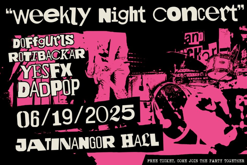 Weekly Night Concert flyer in hot pink with band names in distressed typography