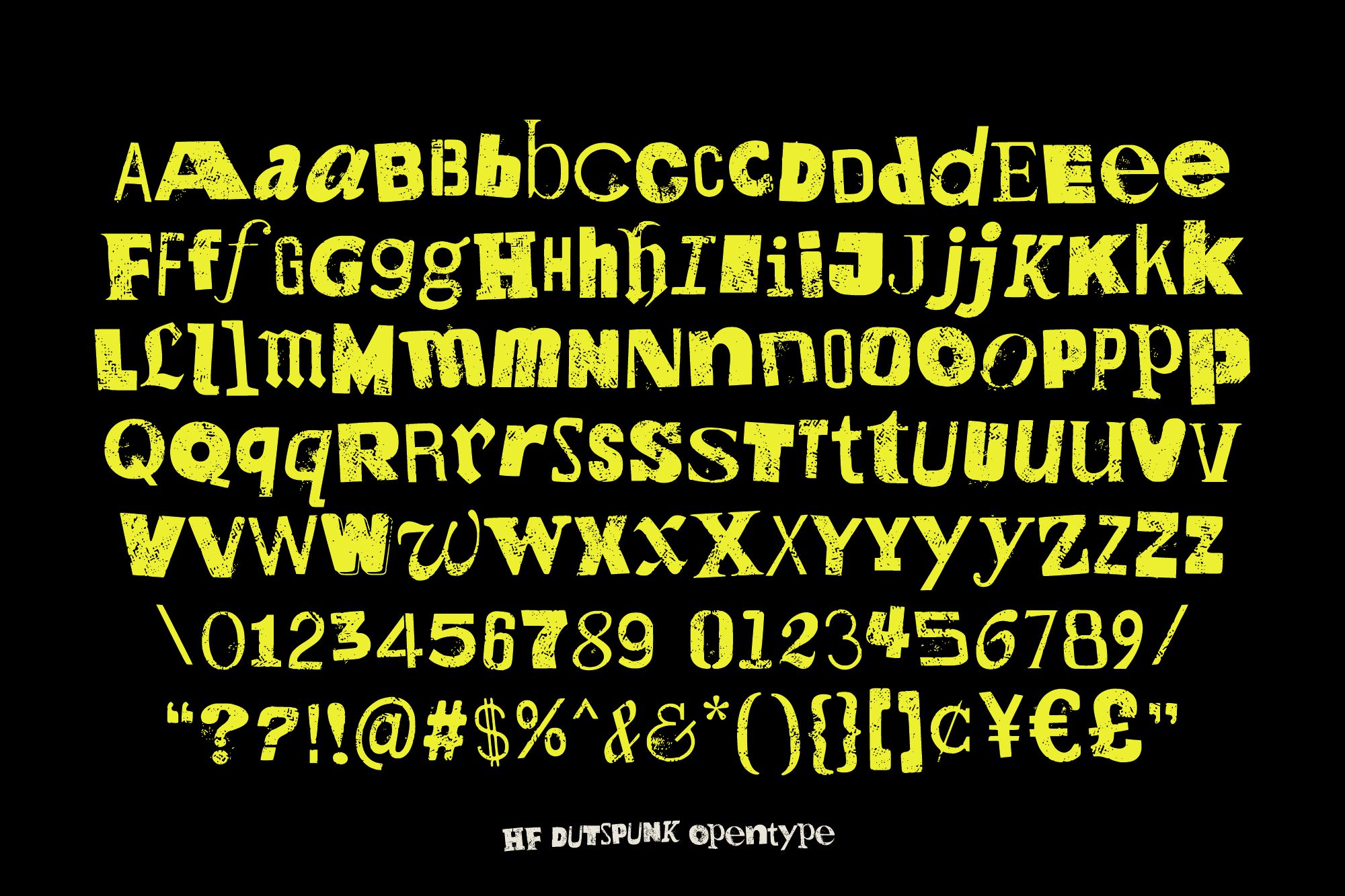HF Dutspunk yellow display font with distressed texture showing full character set