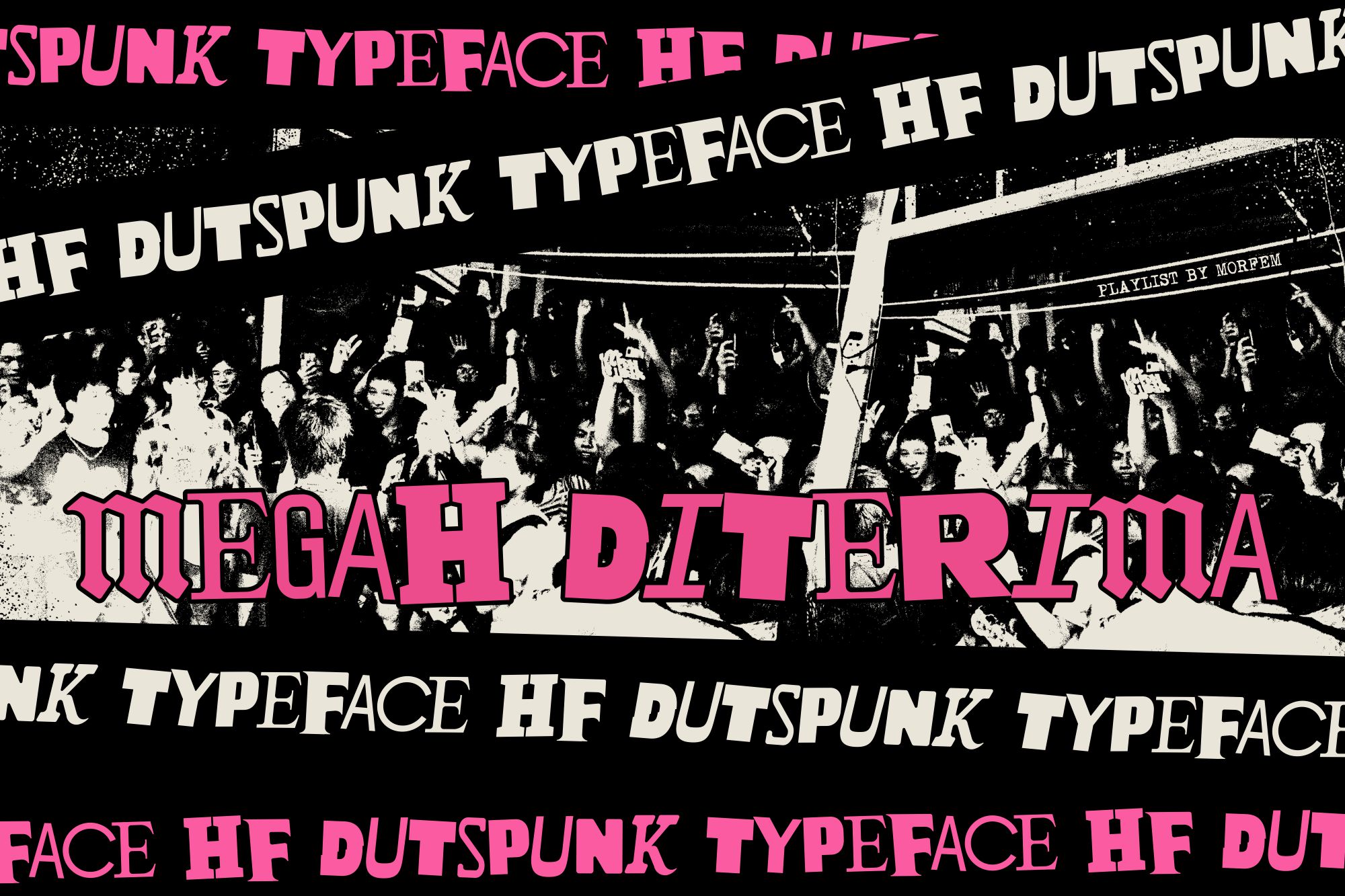 Mega Diternia concert poster font with crowd black background