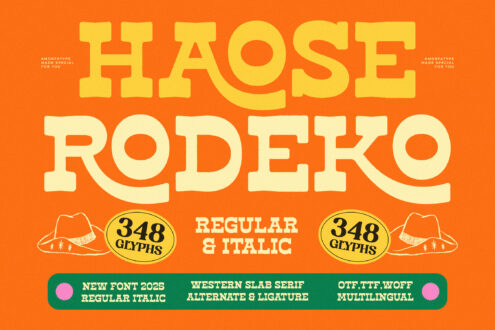 Hi Rodeo slab serif font with 348 glyphs, regular plus italic styles