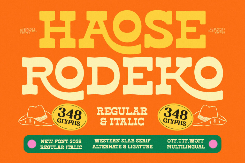 Hi Rodeo slab serif font with 348 glyphs, regular plus italic styles