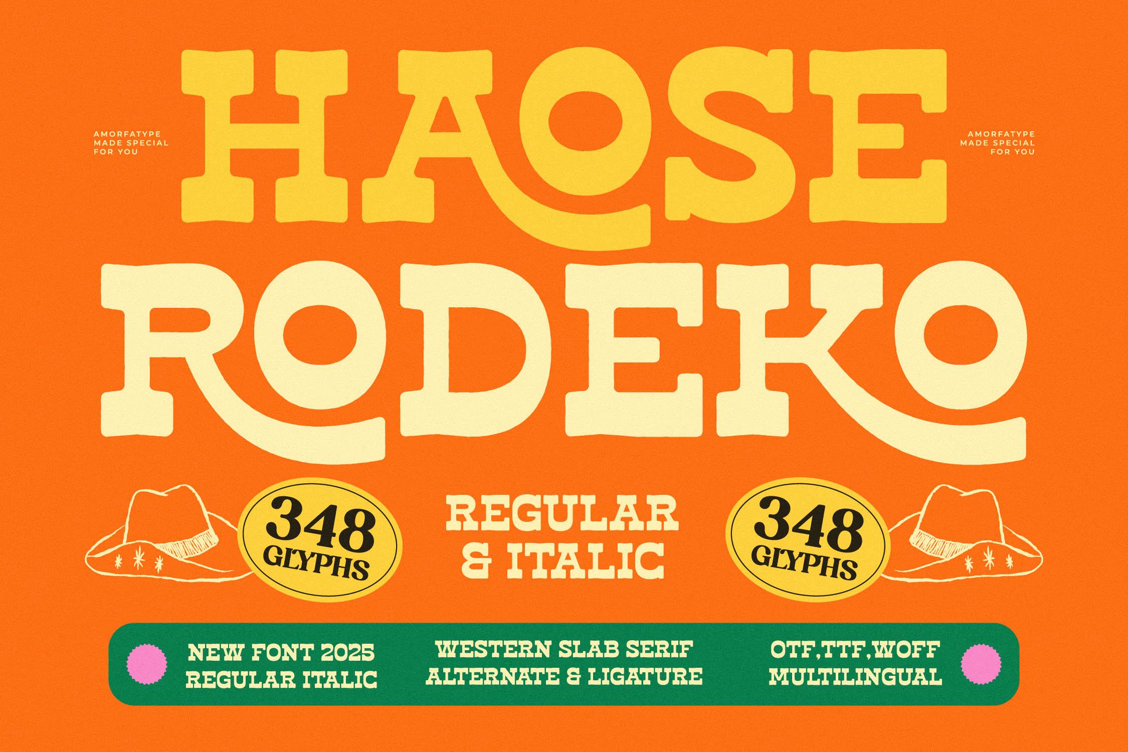 Hi Rodeo slab serif font with 348 glyphs, regular plus italic styles