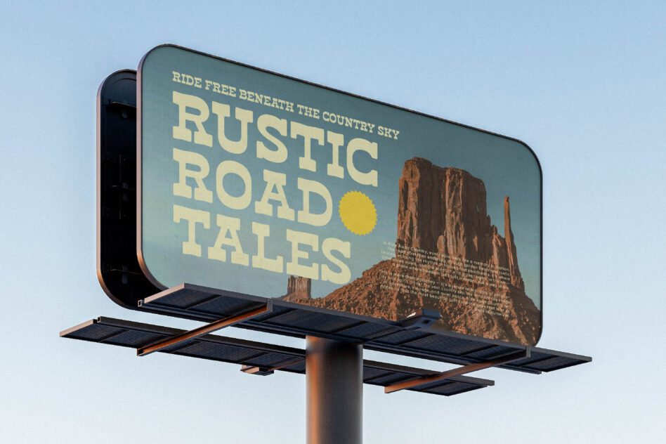 Vintage-style billboard mockup with desert landscape, showing rustic road tales design against blue sky