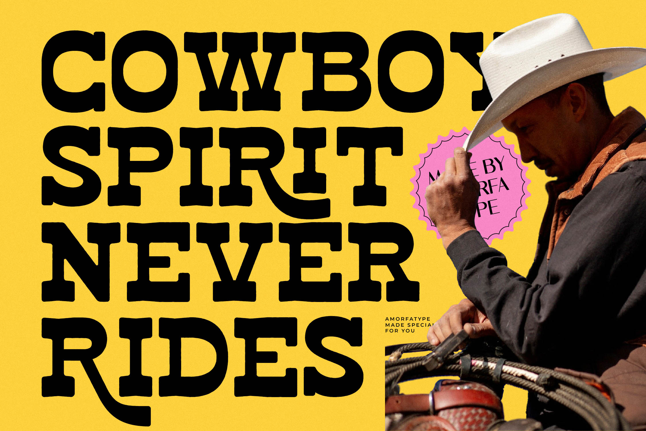 Cowboy in white hat on bright yellow poster with bold black type, pink badge sticker