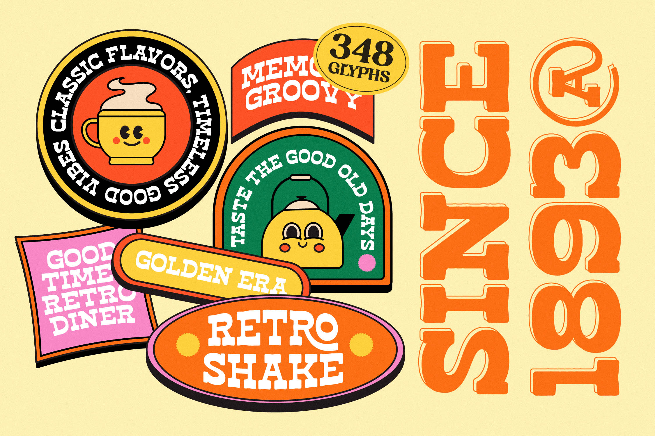 Retro diner badges with groovy characters, 348 glyphs for vintage vibes