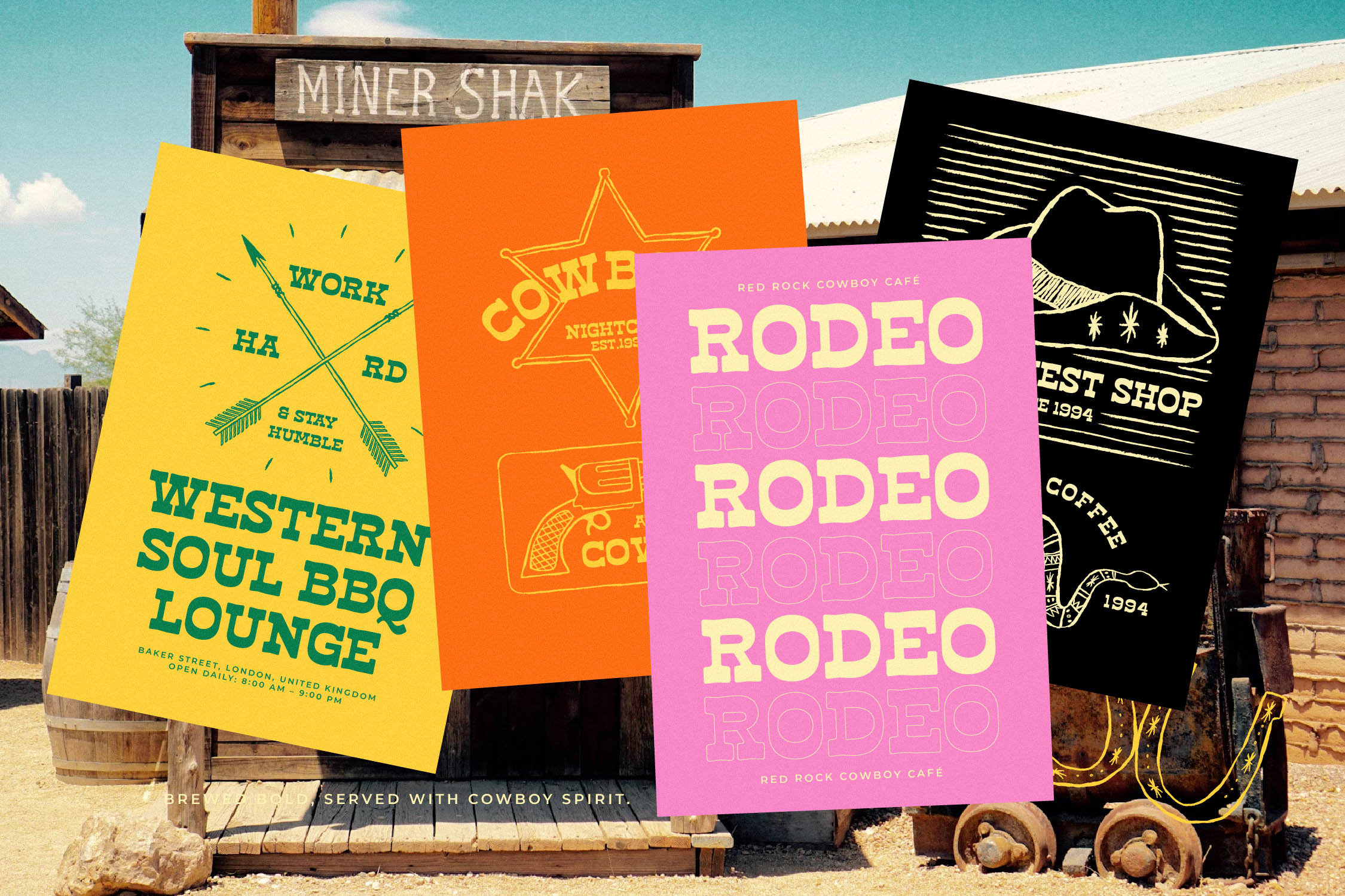 Colorful western-themed posters stacked in desert setting with vintage saloon backdrop