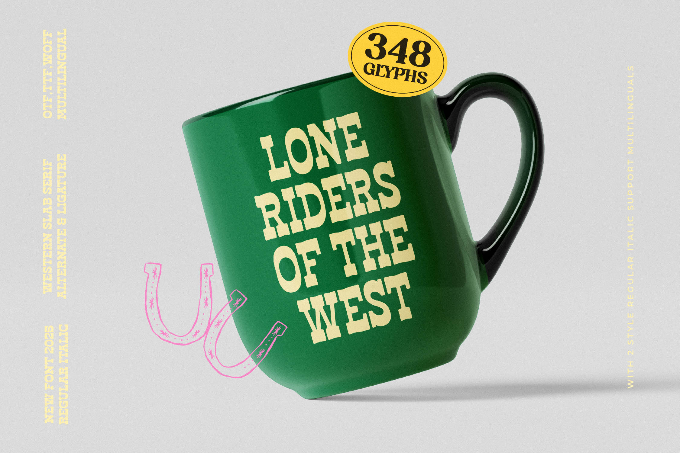Retro green mug mockup with cream text reading "Lone Riders of the West" plus 348 glyphs