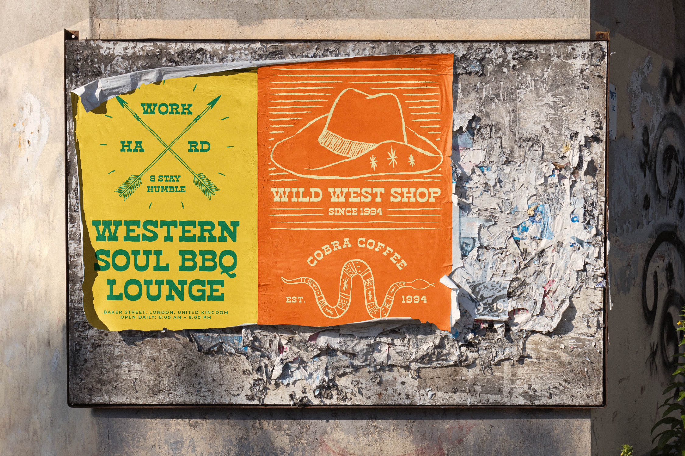 Vintage Western posters stuck on grungy concrete wall with cowboy hat, BBQ lounge, coffee shop designs