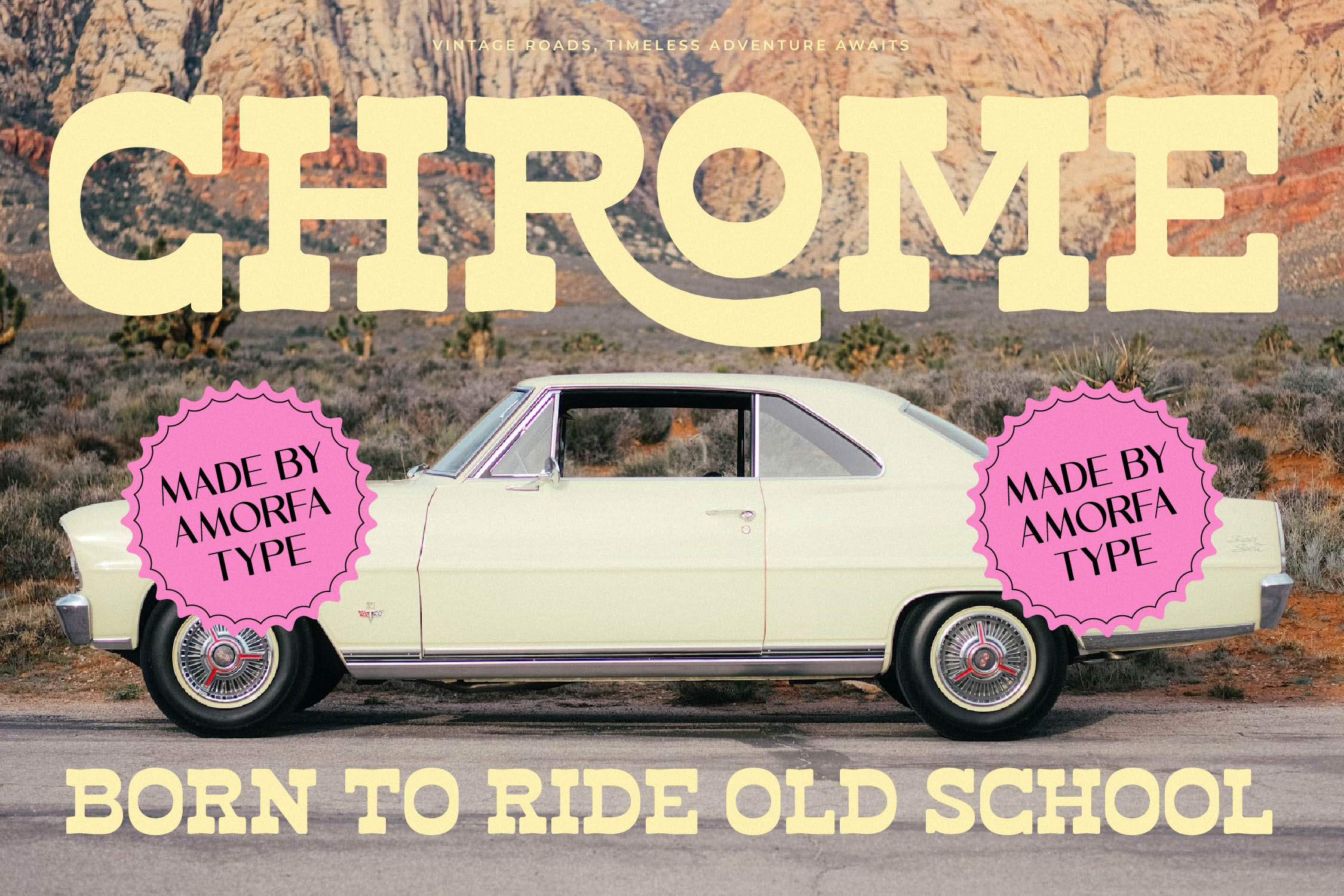 Cream vintage car parked in desert with bold yellow type overlay made by Amorfa Type