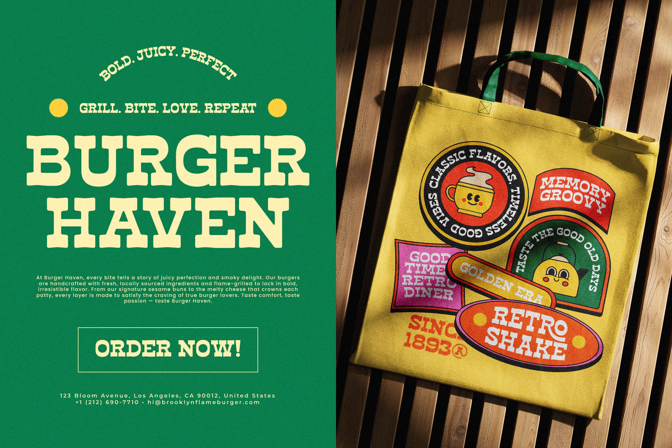 Yellow tote bag with retro burger patches on wooden slats, green handles visible