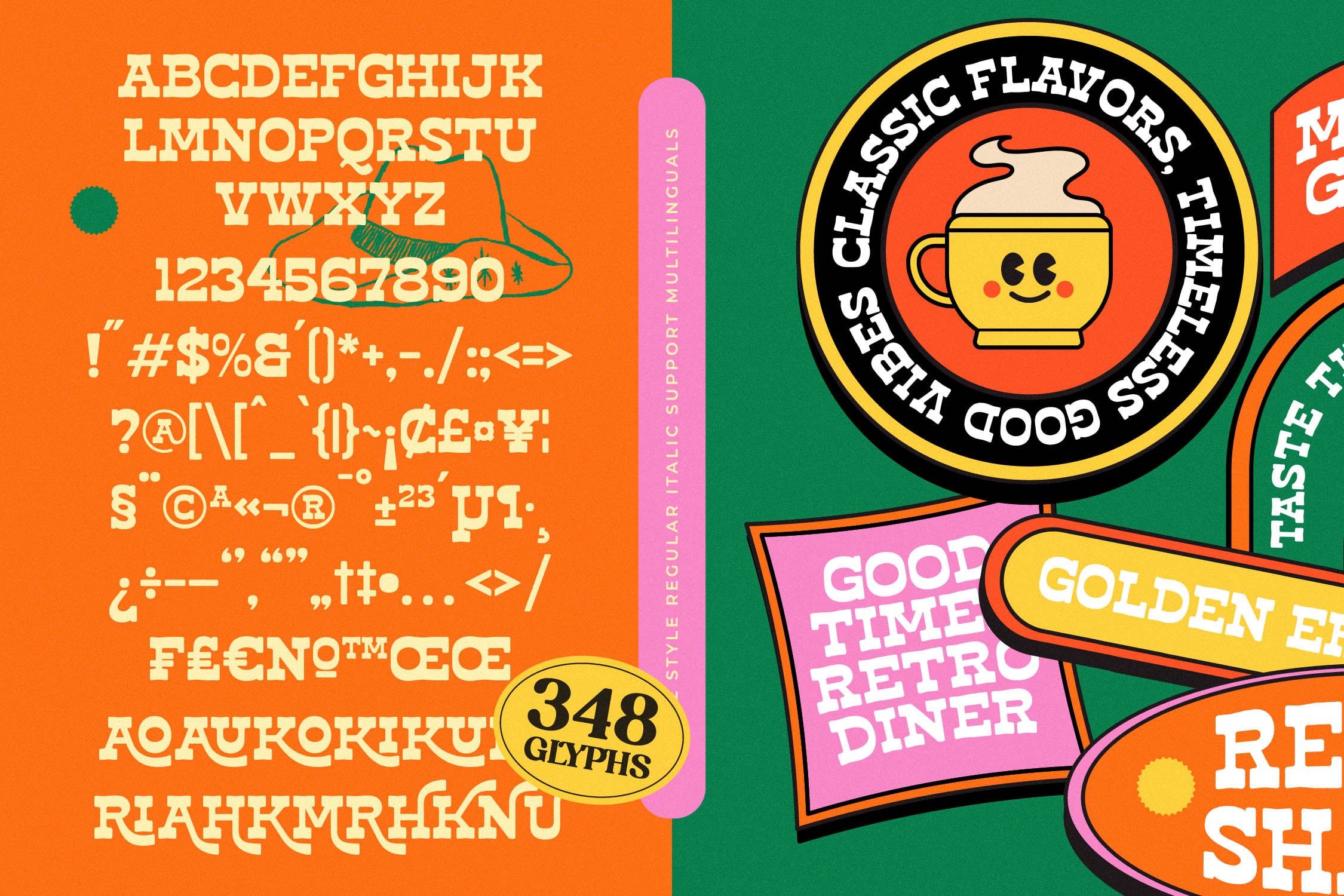 Retro diner font with 348 glyphs, cheerful mascot cup character, vibrant orange green pink color scheme