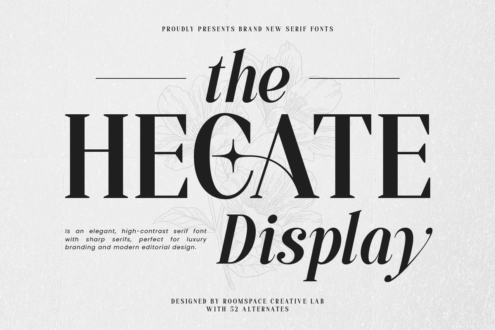 Hecate Display serif typeface showcase with decorative botanical elements in background