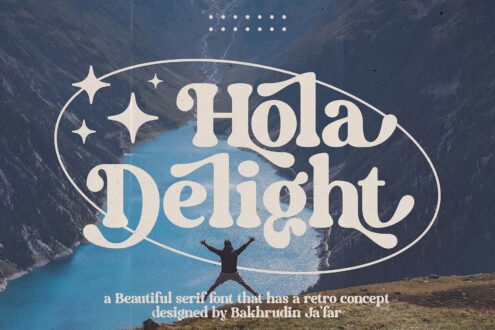 Hola Delight serif font mockup over mountain lake landscape scene