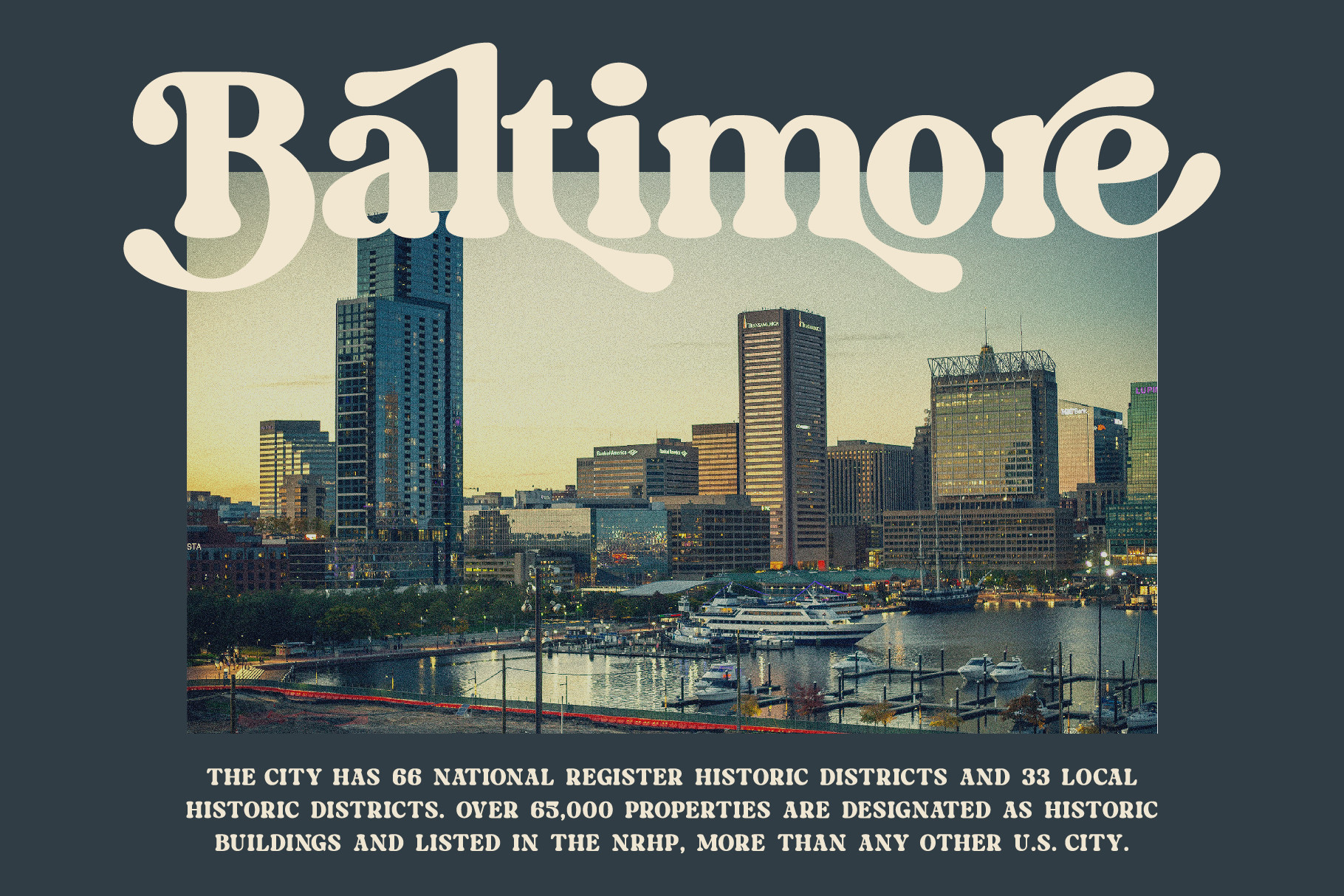 Baltimore vintage poster mockup with serif type over skyline photo