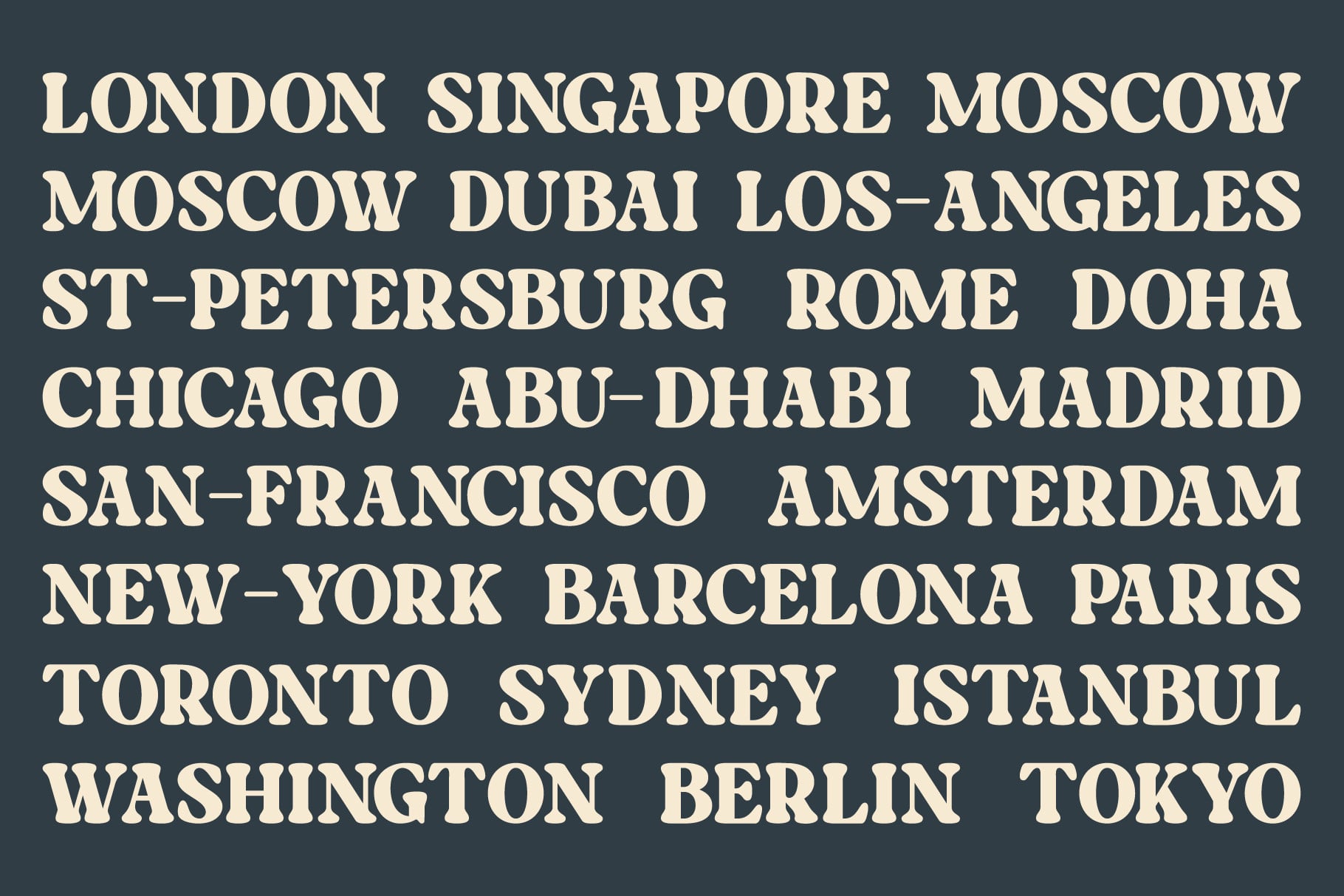 Serif typeface with major world cities listed in caps