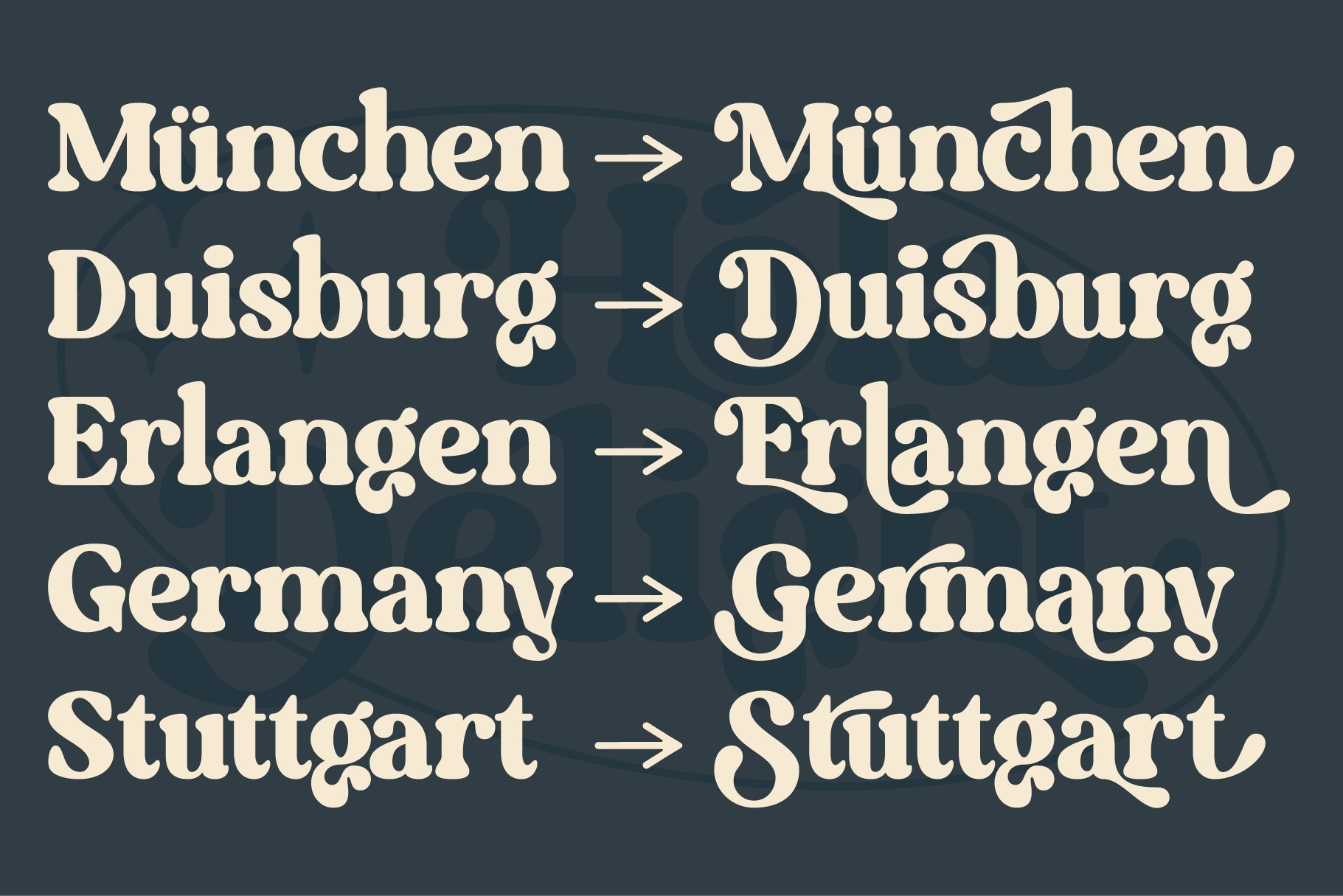 Serif font with German city names showing standard versus stylistic versions