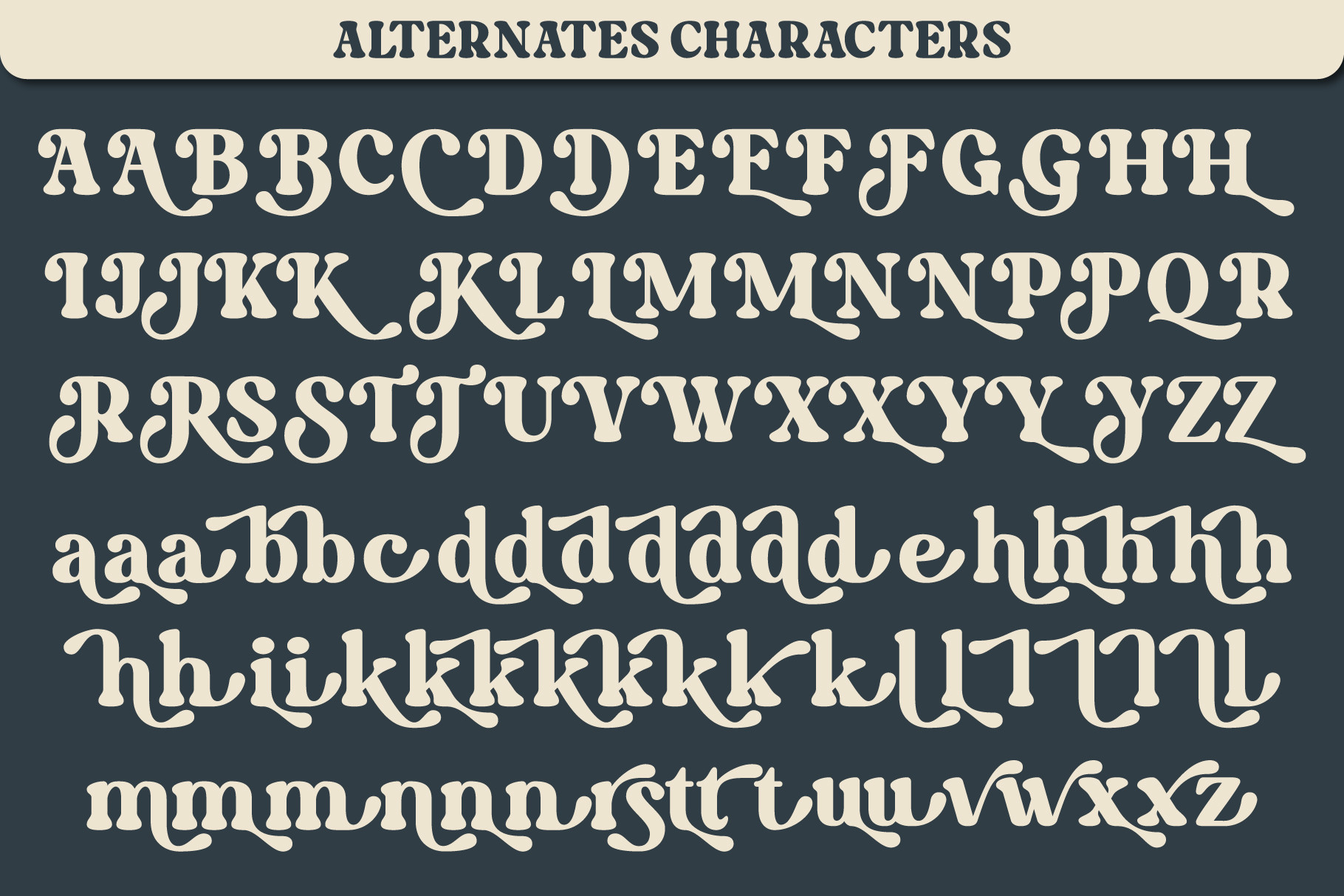Serif font showing alternate character variations with decorative swashes
