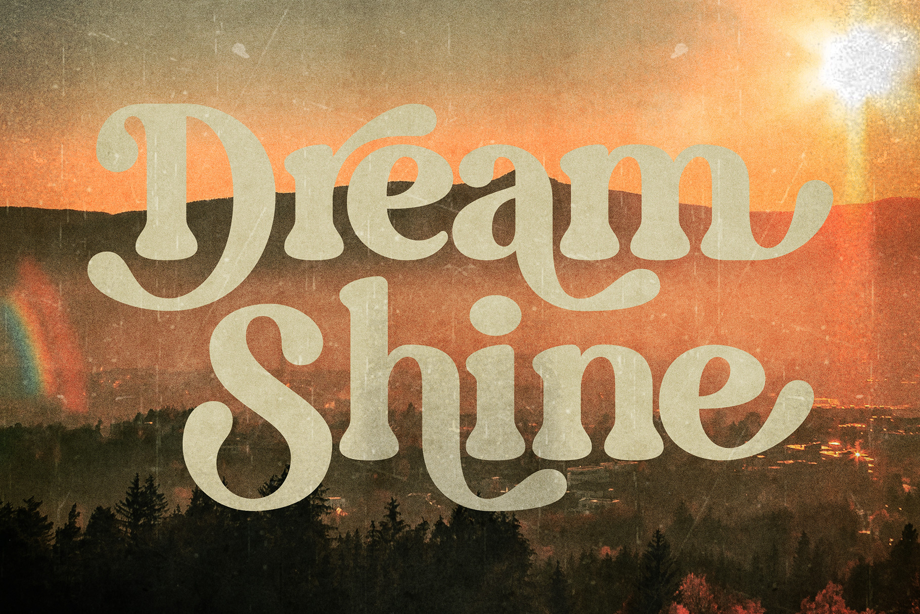 Dream Shine serif font overlaid on sunset forest landscape photo