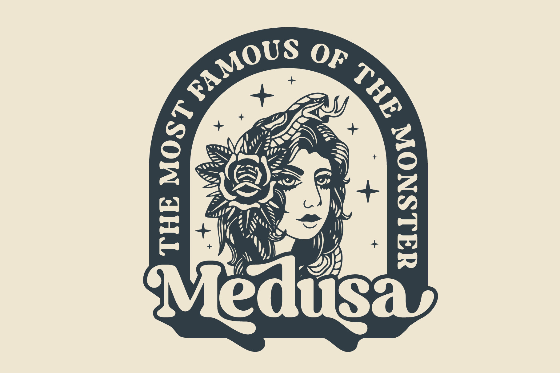 Medusa mythology logo with woman face, roses, stars in arch frame