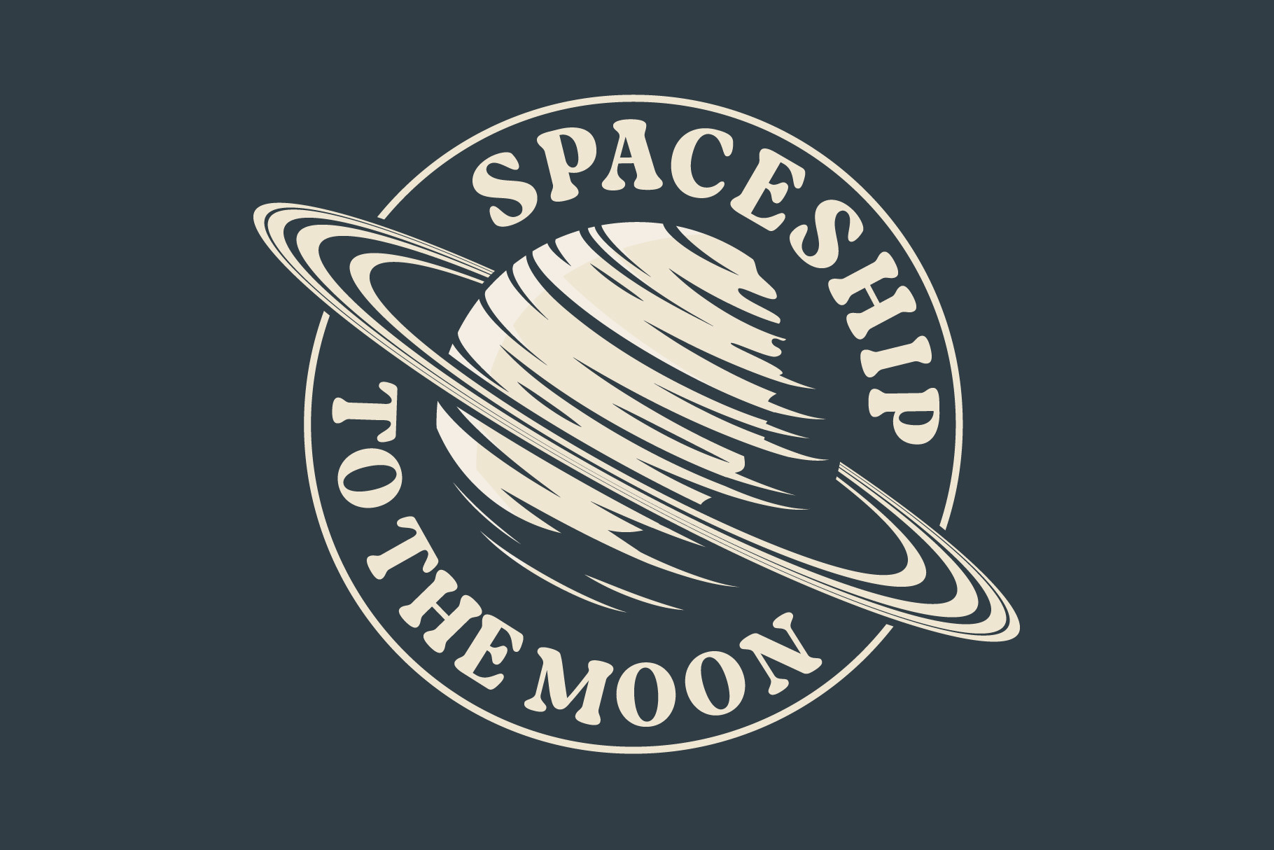 To The Moon Spaceship circular badge with planet Saturn on navy background