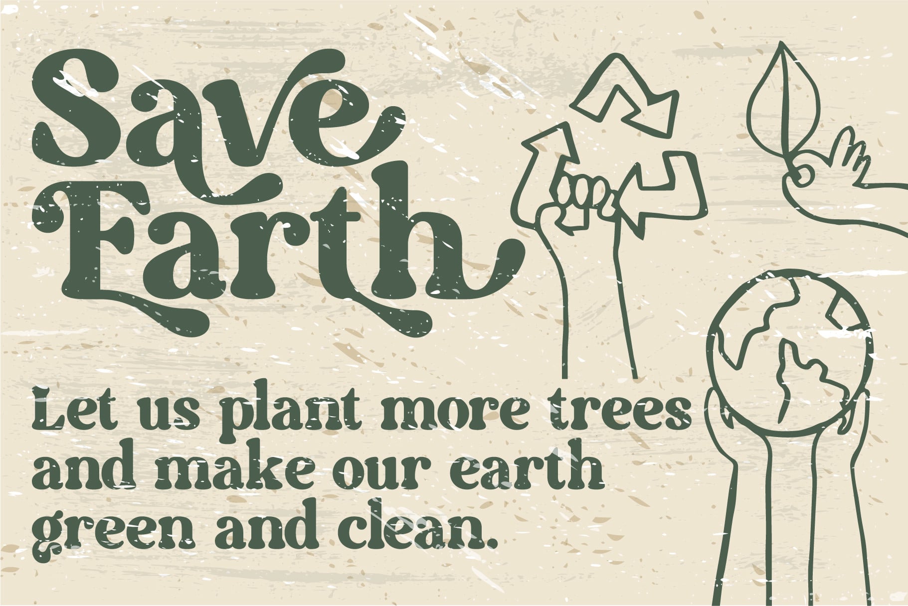 Save Earth poster with recycling symbol, leaf, globe icons distressed type