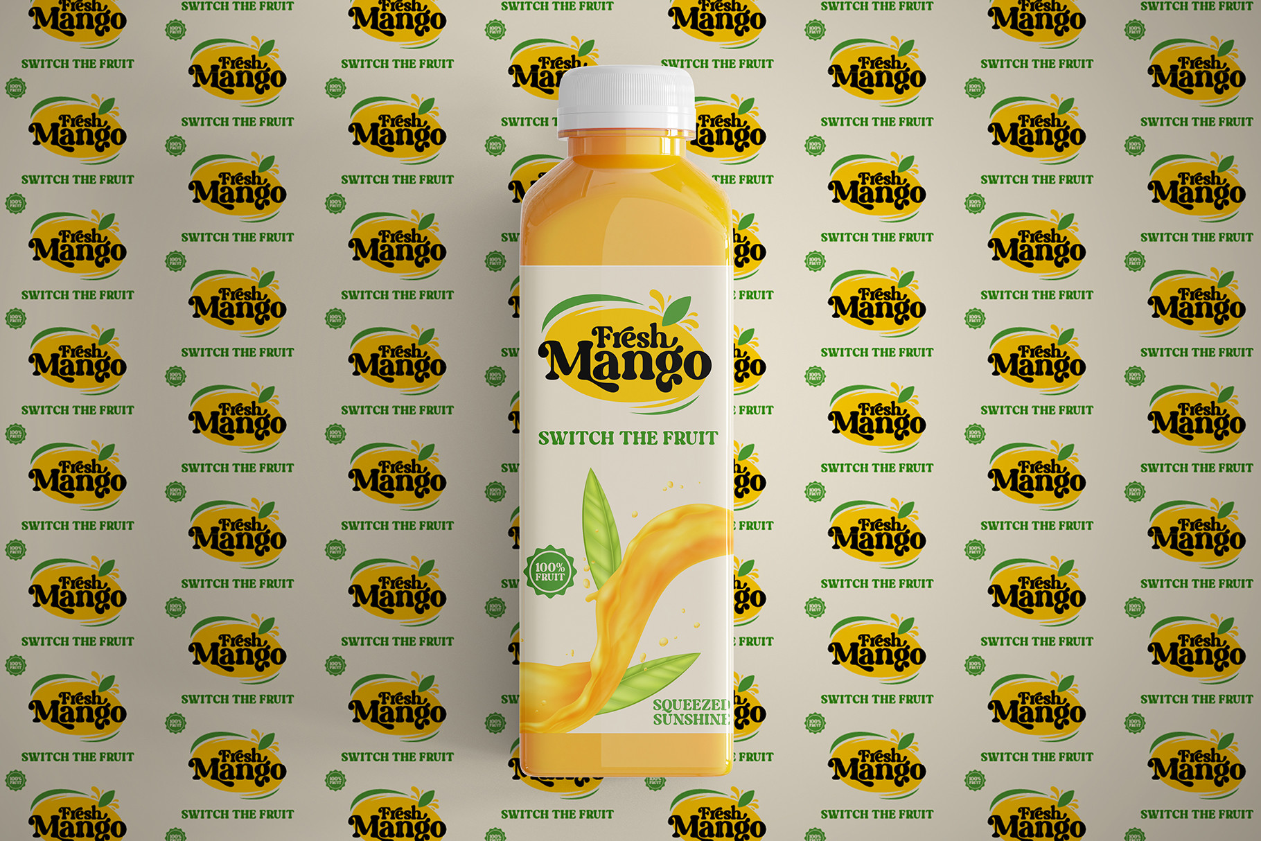 Fresh Mango juice bottle mockup with repeating brand logo backdrop