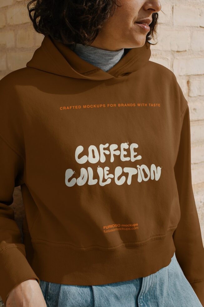 Brown hoodie with Coffee Collection text in white, front view on model