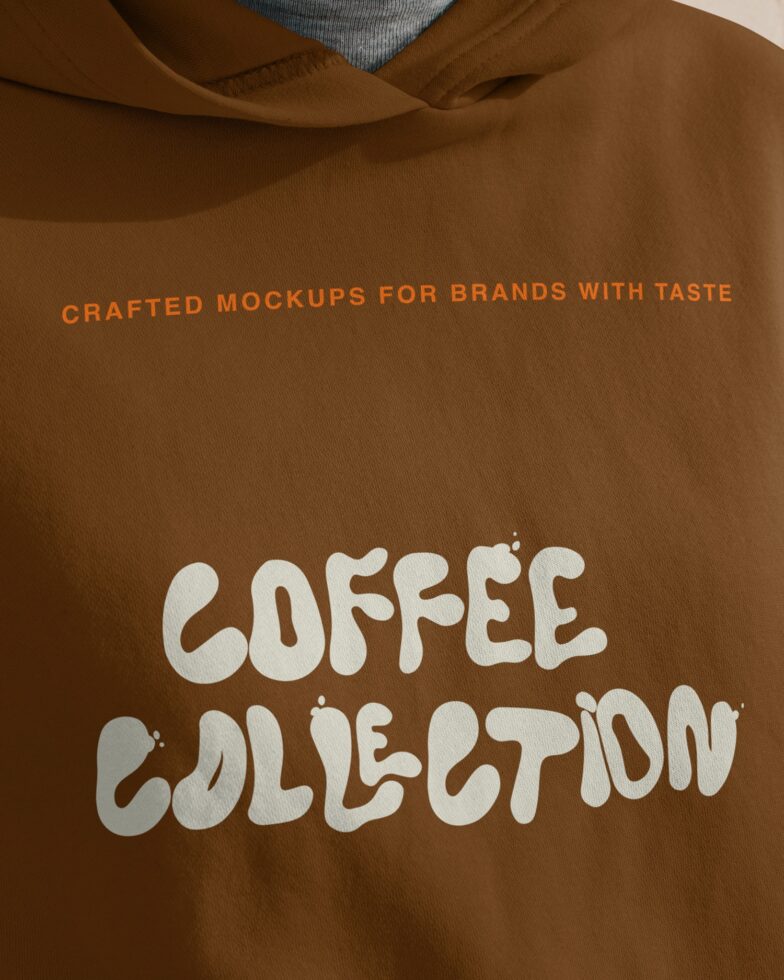 Close-up of brown sweatshirt chest with Coffee Collection lettering