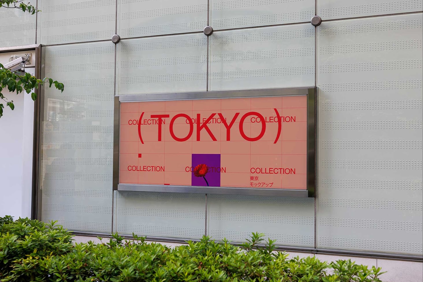 Tokyo collection storefront display with red typography on coral background, purple accent square with flower photo