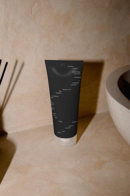 Tube mockup with black label on beige textured surface with ceramic vessels