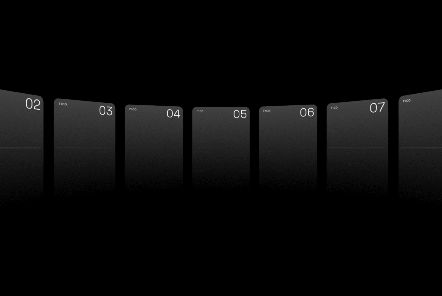 Dark minimal phone mockup carousel with numbered frames for showcasing mobile designs