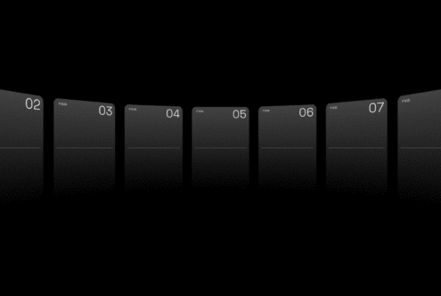 Dark minimal phone mockup carousel with numbered frames for showcasing mobile designs