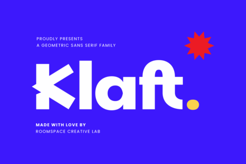Bold white sans serif typeface spelling Klaft on vibrant blue background