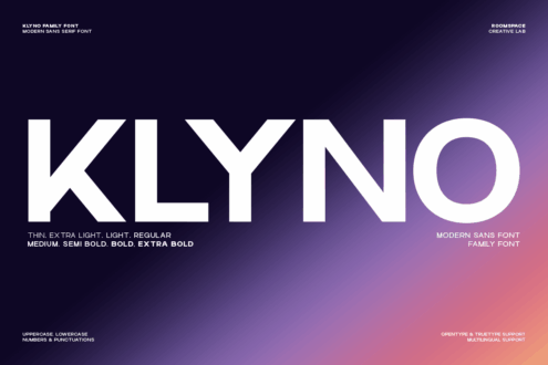 KLYNO sans serif font family showing multiple weights on purple to pink gradient backdrop
