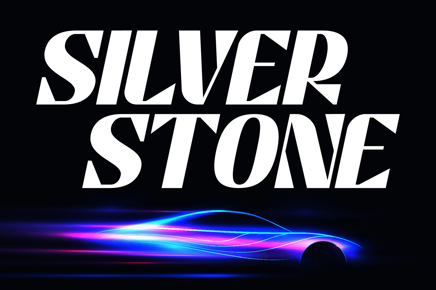 Silver Stone typography with neon blue car silhouette on black