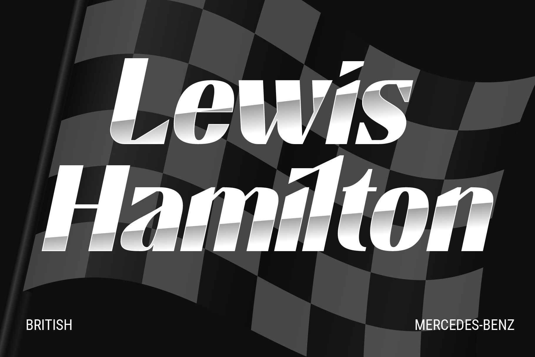 Lewis Hamilton text over checkered flag with Mercedes-Benz branding