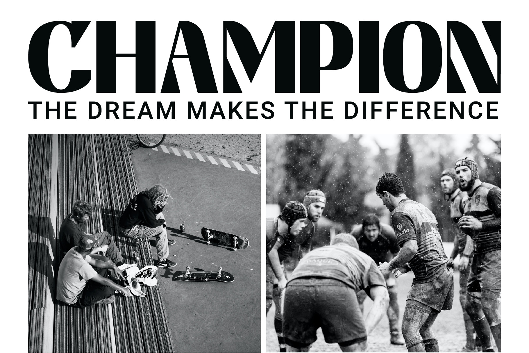 Champion font sample with tagline The Dream Makes Difference over sports photos