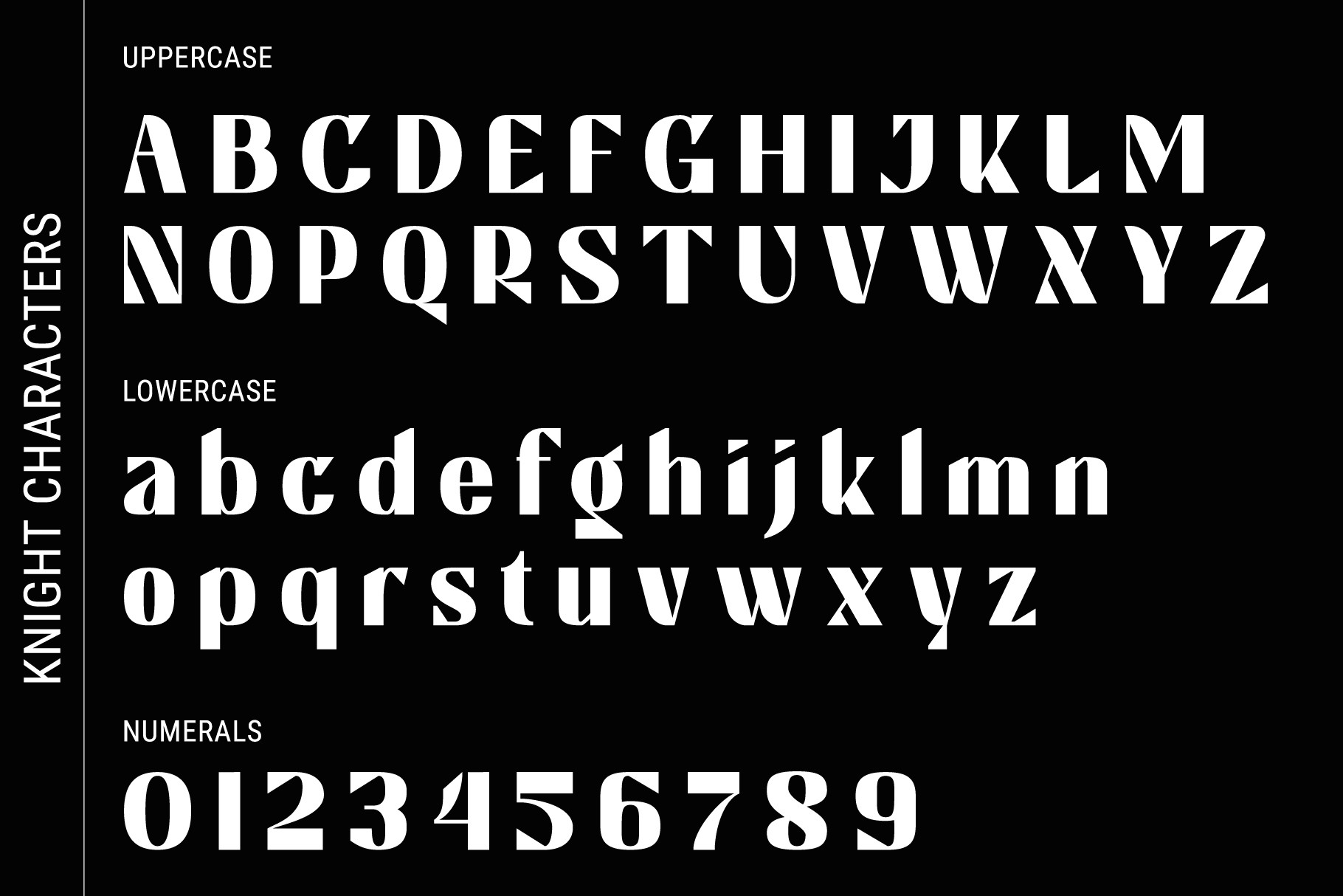 Knight Display font specimen showing uppercase, lowercase letters plus numerals