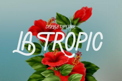 La Tropic display font with red hibiscus flowers on soft blue background