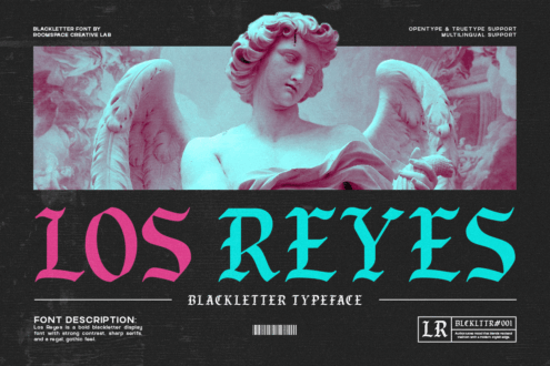 Blackletter font showcase with winged statue duotone in pink cyan, text reads LOS REYES