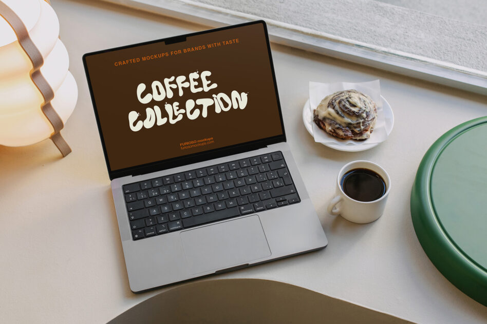 Brown screen mockup with coffee collection text next to espresso cup pastry lamp