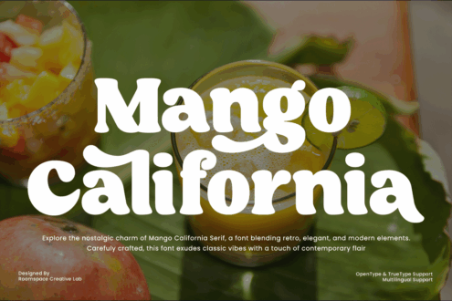 Mango California serif font shown overlaid on fresh mango drinks background