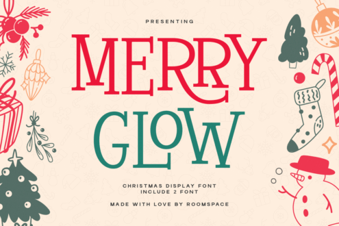 Merry Glow Christmas display font with festive decorations in red, teal, cream