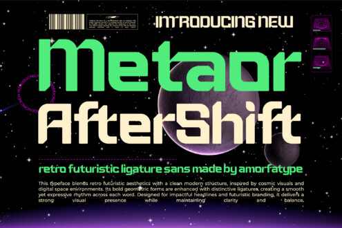 Neon MetaShift retro futuristic ligature sans font on cosmic black starfield